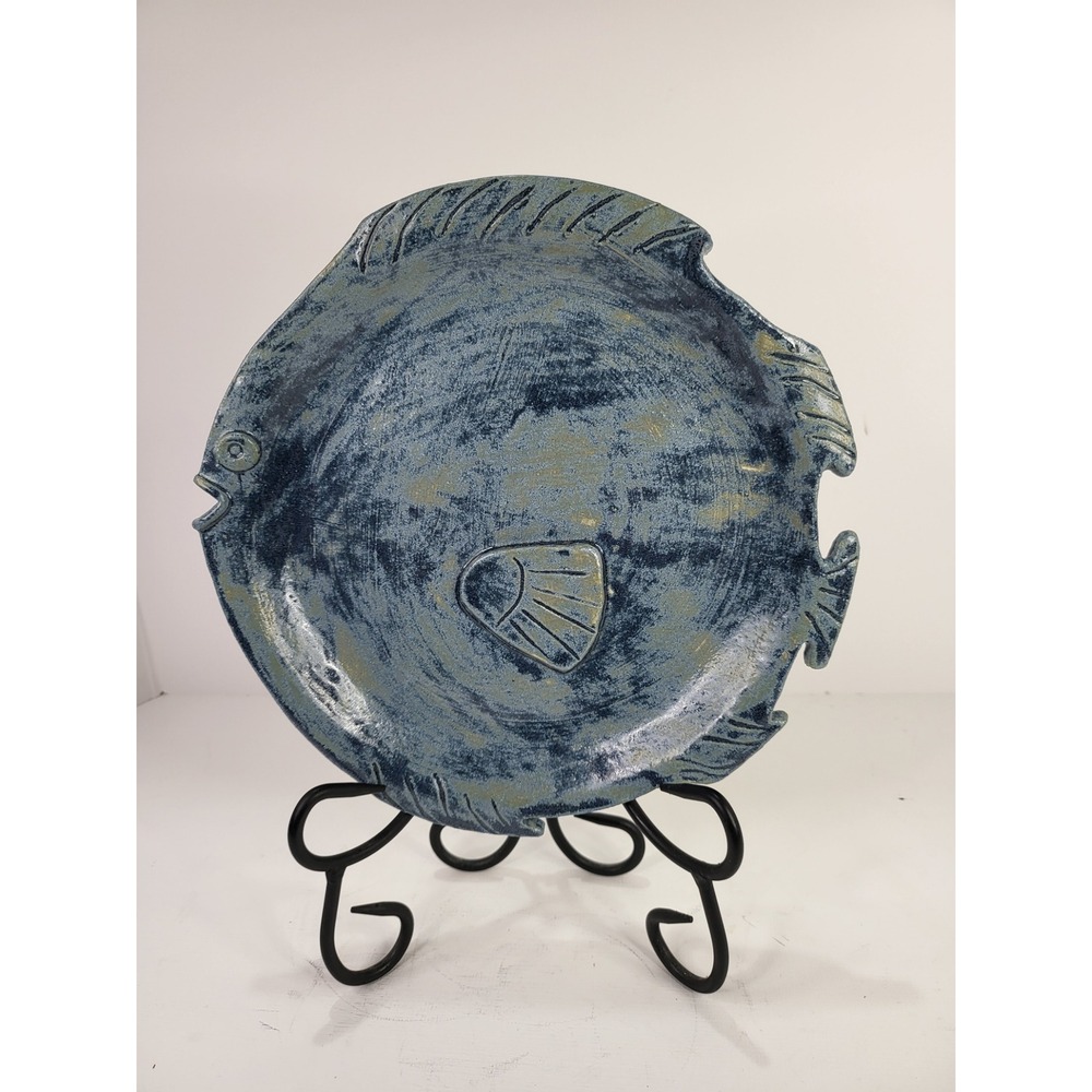Handmade Studio Pottery Fish Plate Blue Glazed Ceramic Signed SM Nautical Decor
